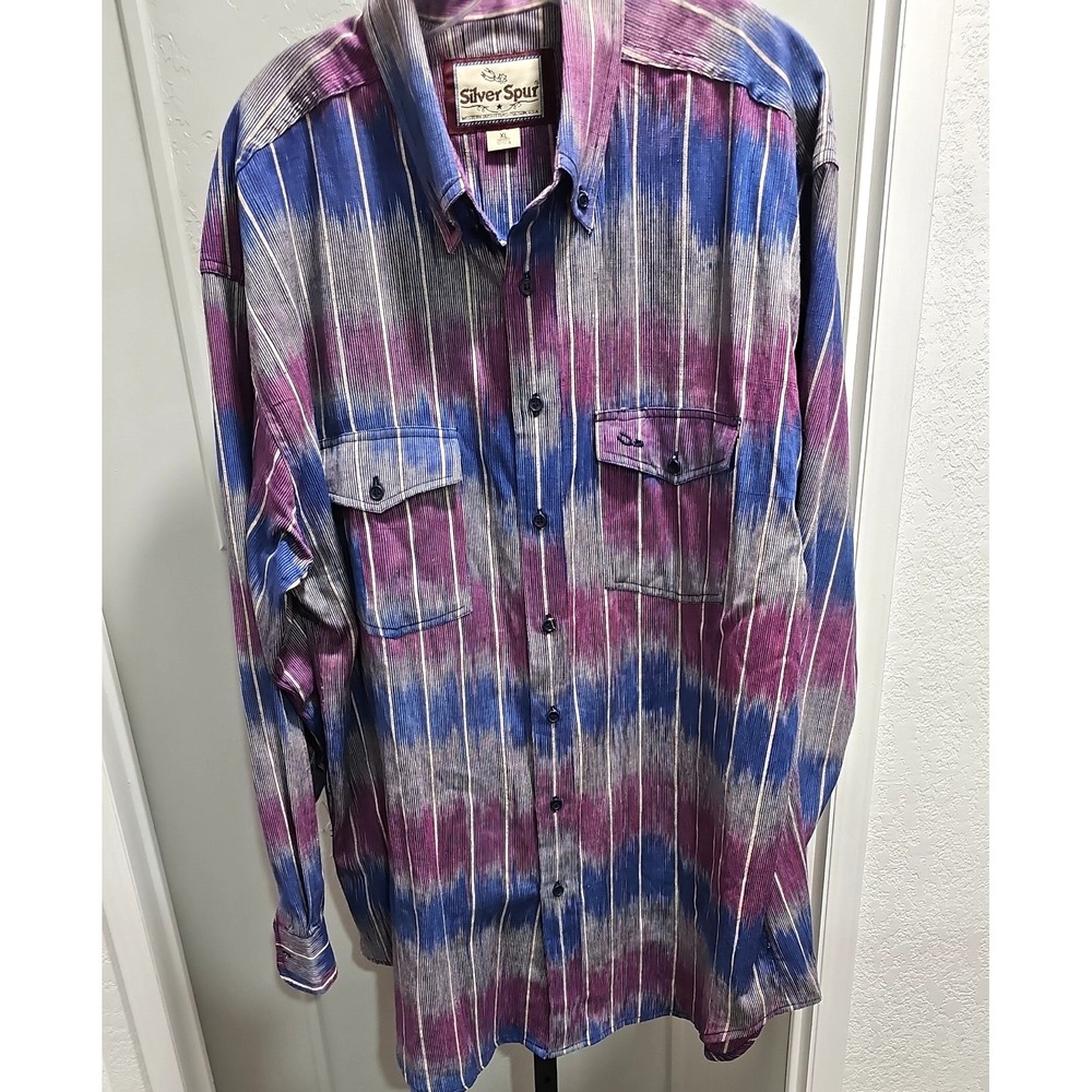 Vtg Silver Spur Western Shirt Men XL Cotton Southwestern Ikat Stripe Purple 90s